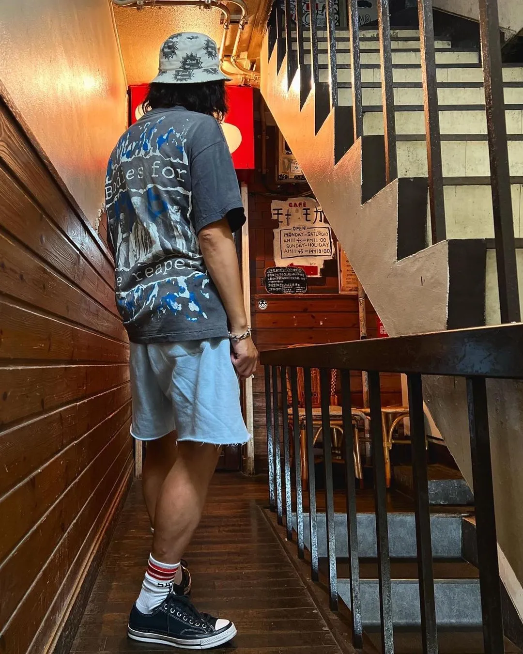 SAINT MICHAEL SS TEE/B FOR REAPER Jesus Hell's Angels Washed and Distressed Short Sleeves Washed Black S-XL Garment Dyed Printed Washed and Distressed